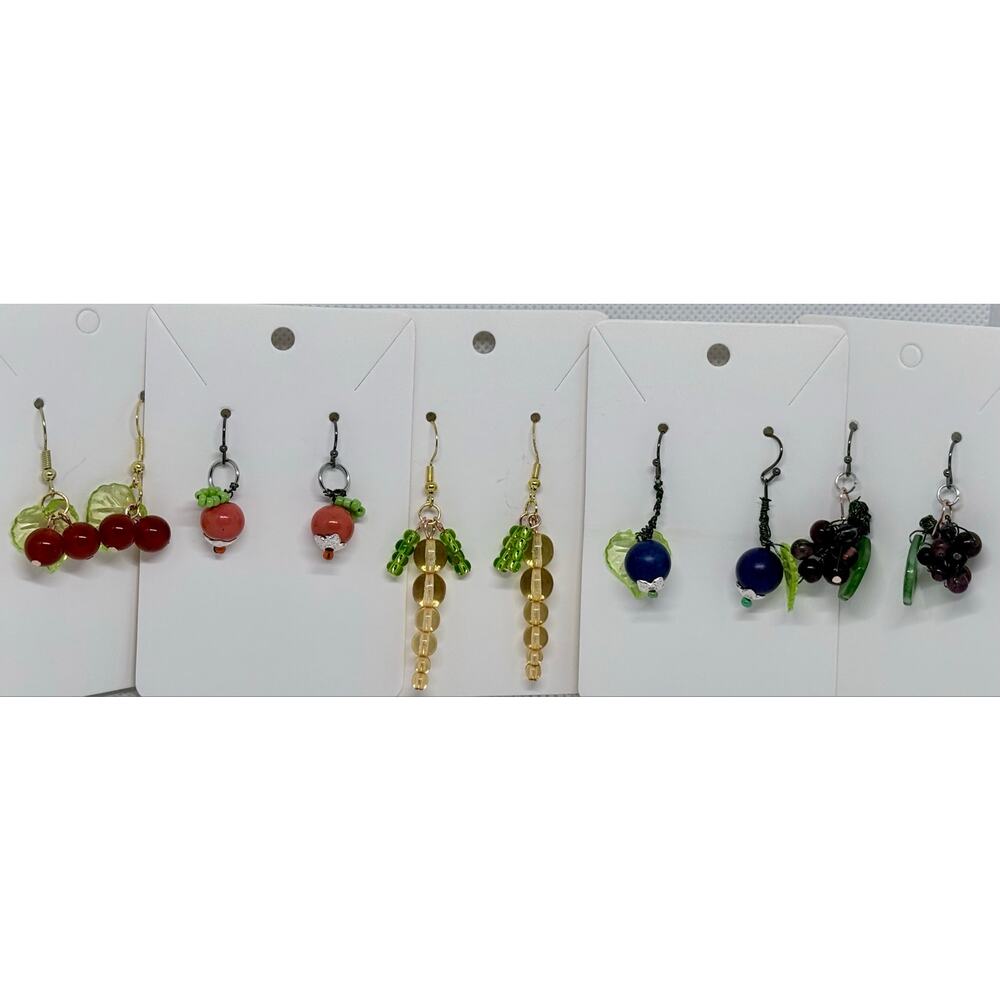 Beaded Fruit & Veggie Earrings Set Handmade Bundle 5 Pairs